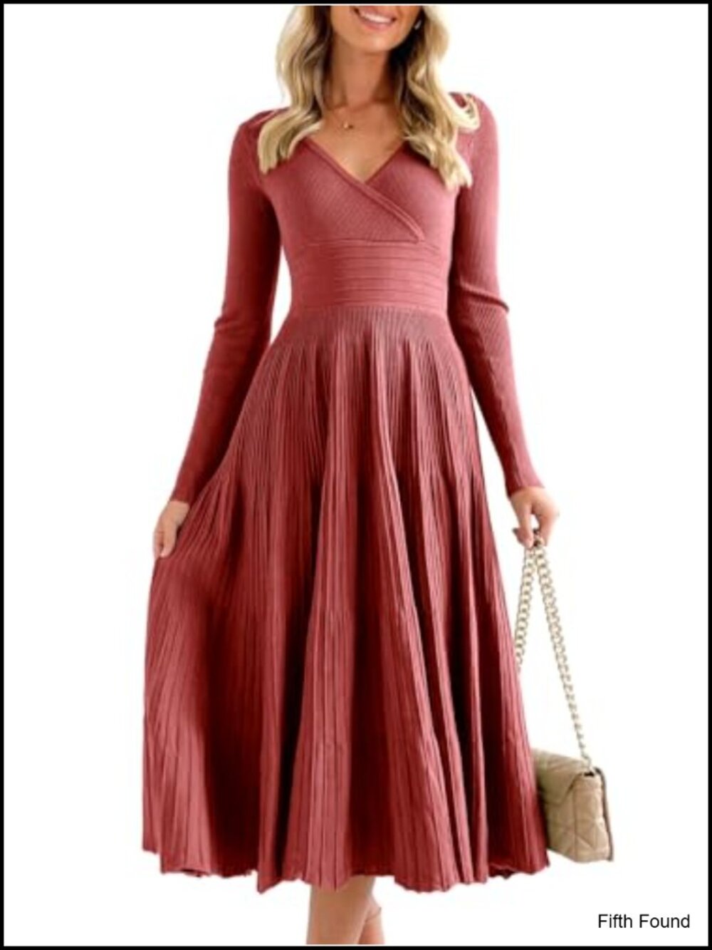 Saodimallsu Women's Long Sleeve Midi Sweater Dress V Neck Pleated A-Line